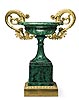 An extremely fine nineteenth century Russian gilt bronze mounted malachite tazza by G G Müller of Saint Petersburg, stamped on the base G G Müller/St Petersburg